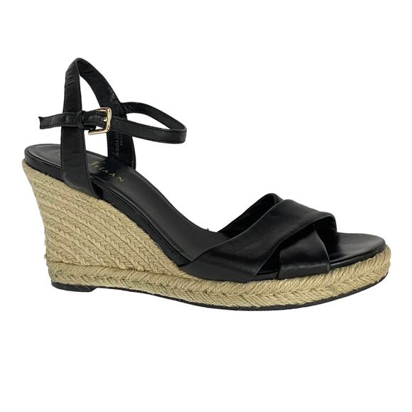 Cole Haan x Nike Air Women Sz 10 Black Leather Strappy Espadrille Wedge Sandals - Picture 1 of 9